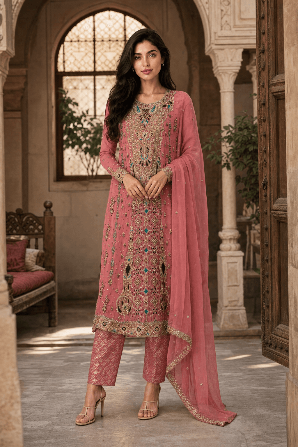 Pink embroidered 3-pcs salwar kameez